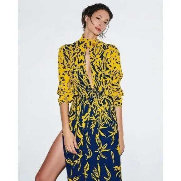 NWT. $1390 Proenza Schouler Degrade Floral Long Sleeve Dress Sz 2 yellow blue